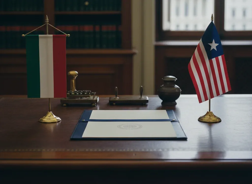 Codice fiscale italiano per cittadini nati in Liberia — scena d'archivio istituzionale con bandiere Liberia e Italia, codice catastale Z325