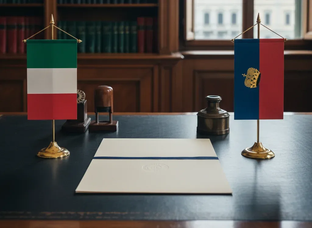 Codice fiscale italiano per cittadini nati in Liechtenstein — scena d'archivio istituzionale con bandiere Liechtenstein e Italia, codice catastale Z119