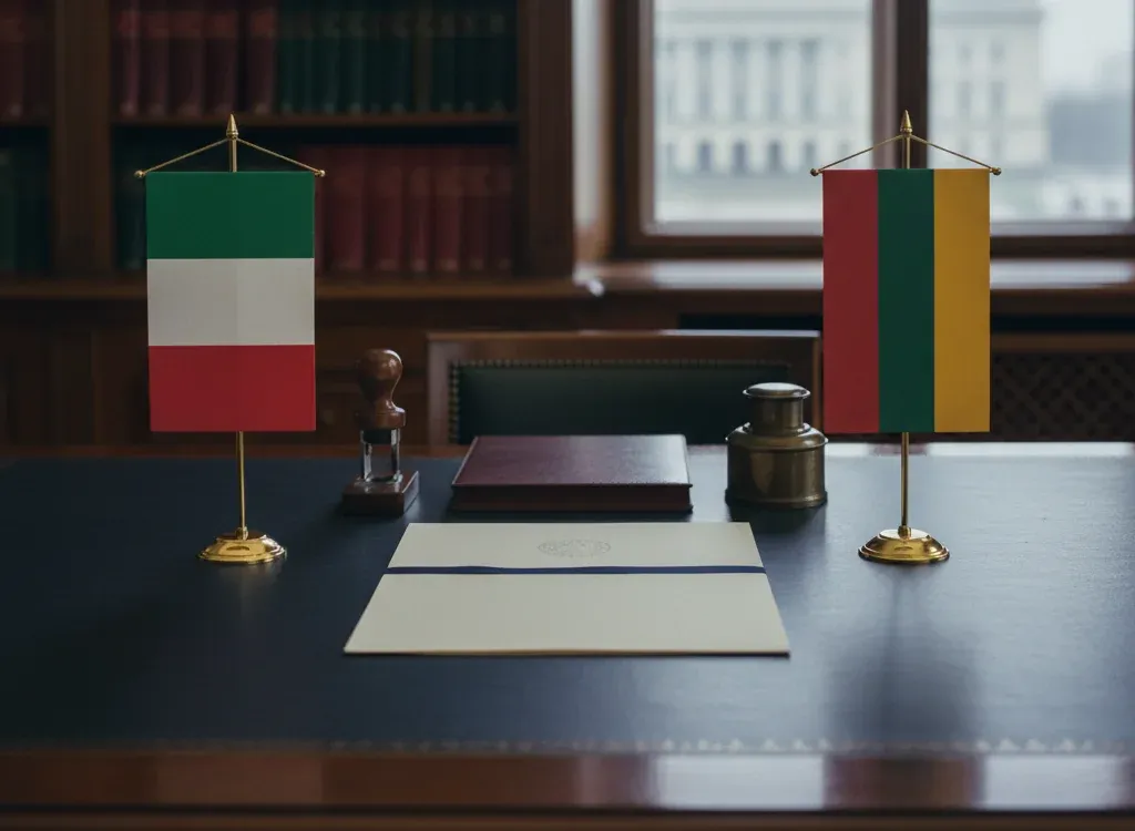 Codice fiscale italiano per cittadini nati in Lituania — scena d'archivio istituzionale con bandiere Lituania e Italia, codice catastale Z146