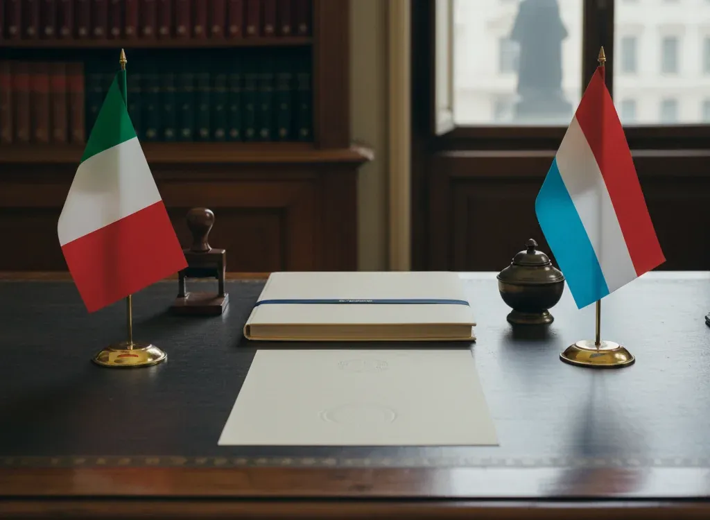 Codice fiscale italiano per cittadini nati in Lussemburgo — scena d'archivio istituzionale con bandiere Lussemburgo e Italia, codice catastale Z120