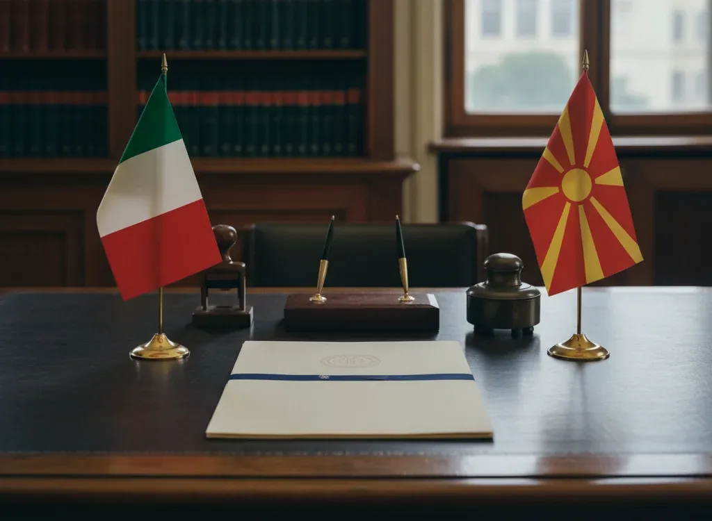 Codice fiscale italiano per cittadini nati in Macedonia del Nord — scena d'archivio istituzionale con bandiere Macedonia del Nord e Italia, codice catastale Z148
