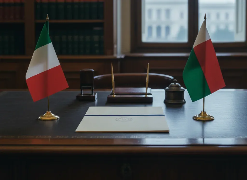 Codice fiscale italiano per cittadini nati in Madagascar — scena d'archivio istituzionale con bandiere Madagascar e Italia, codice catastale Z327
