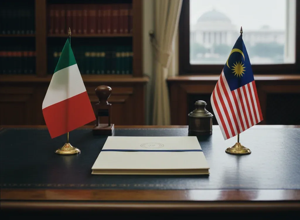 Codice fiscale italiano per cittadini nati in Malaysia — scena d'archivio istituzionale con bandiere Malaysia e Italia, codice catastale Z247
