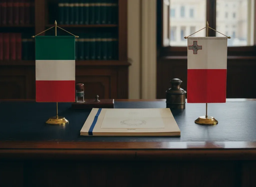 Codice fiscale italiano per cittadini nati a Malta — scena d'archivio istituzionale con bandiere Malta e Italia, codice catastale Z121
