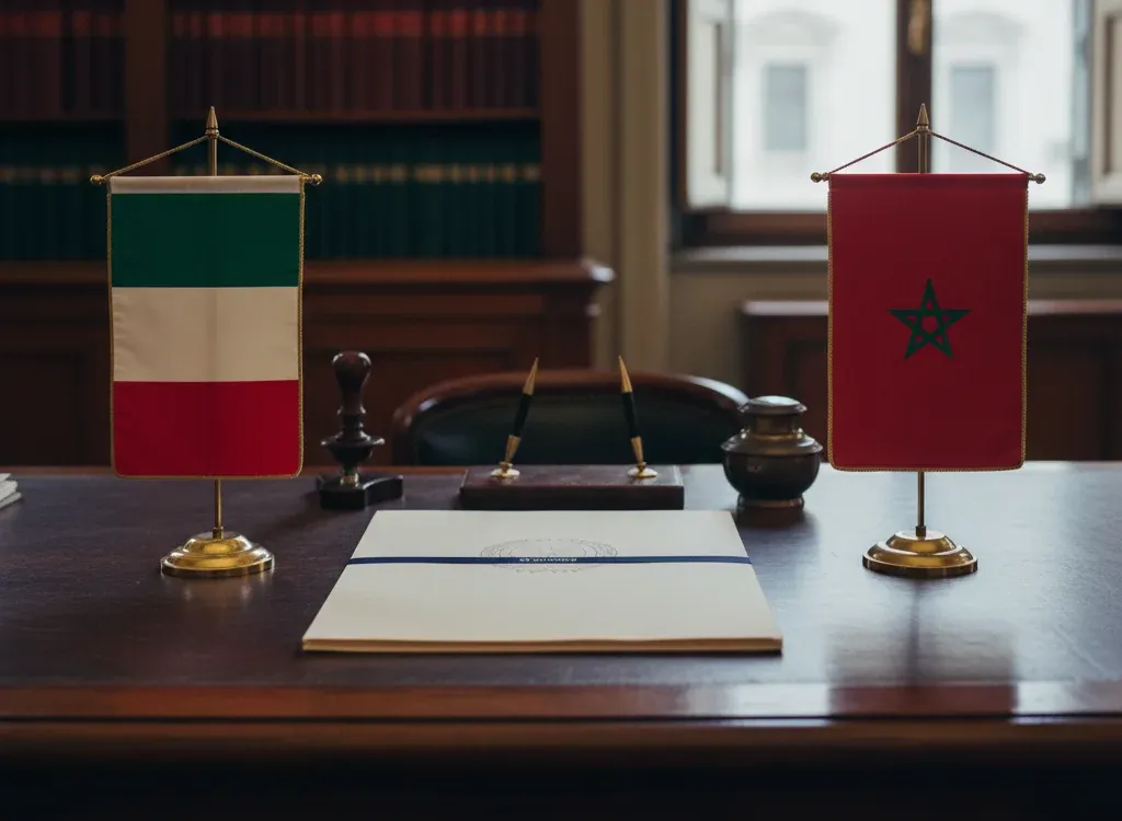 Codice fiscale italiano per cittadini nati in Marocco — scena d'archivio istituzionale con bandiere Marocco e Italia, codice catastale Z330