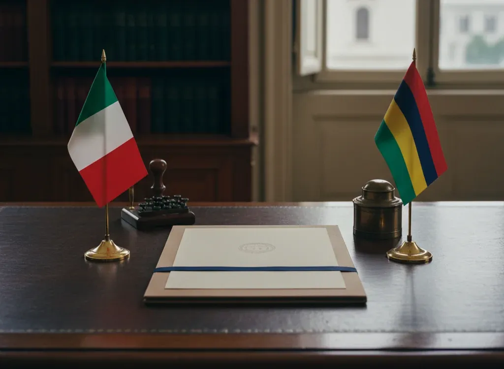 Codice fiscale italiano per cittadini nati a Mauritius — scena d'archivio istituzionale con bandiere Mauritius e Italia, codice catastale Z332
