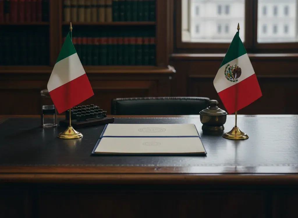 Codice fiscale italiano per cittadini nati in Messico — scena d'archivio istituzionale con bandiere Messico e Italia, codice catastale Z514