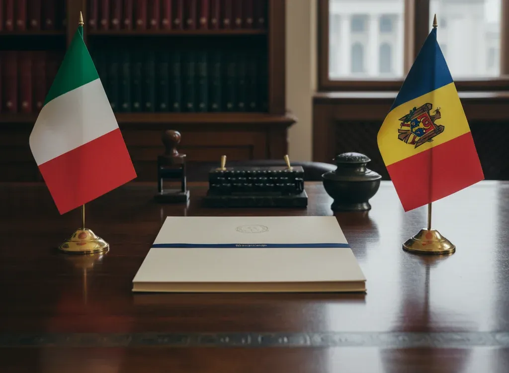 Codice fiscale italiano per cittadini nati in Moldova — scena d'archivio istituzionale con bandiere Moldova e Italia, codice catastale Z140