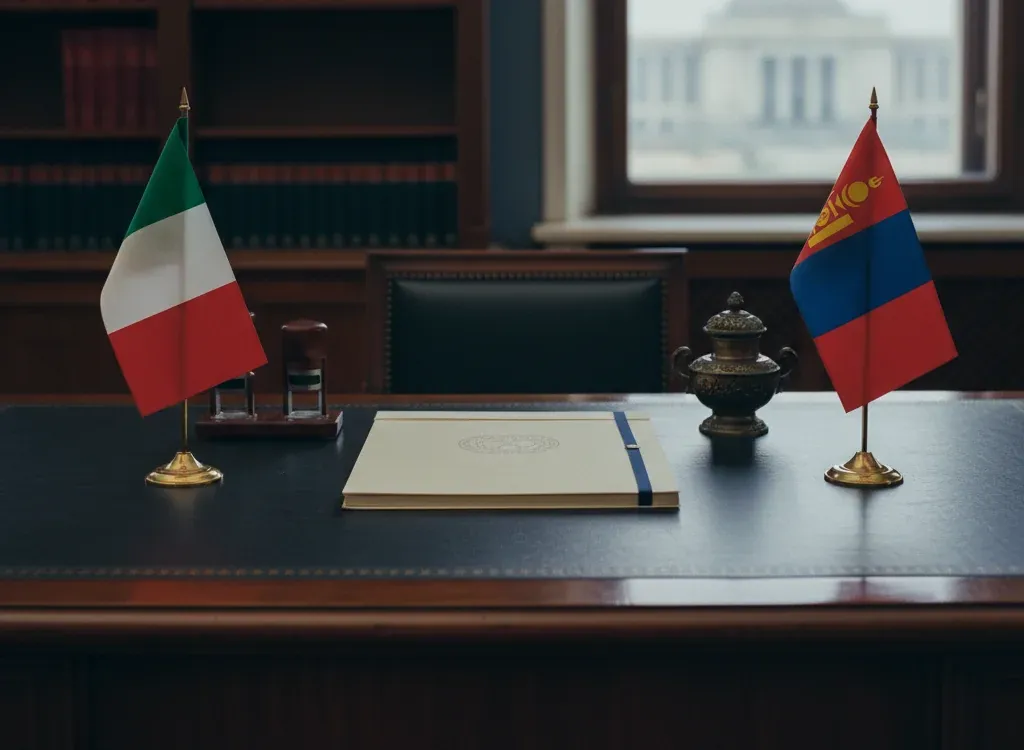 Codice fiscale italiano per cittadini nati in Mongolia — scena d'archivio istituzionale con bandiere Mongolia e Italia, codice catastale Z233