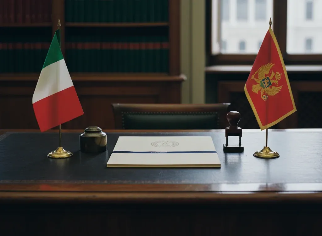 Codice fiscale italiano per cittadini nati in Montenegro — scena d'archivio istituzionale con bandiere Montenegro e Italia, codice catastale Z159
