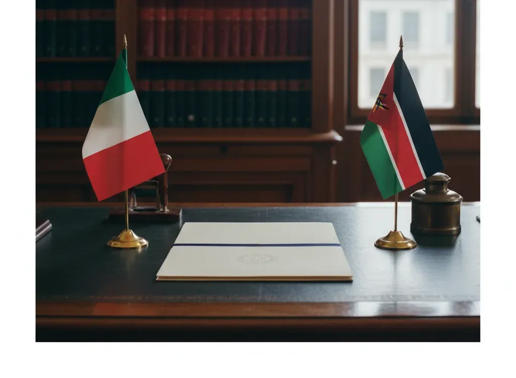 Codice fiscale italiano per cittadini nati in Mozambico — scena d'archivio istituzionale con bandiere Mozambico e Italia, codice catastale Z333
