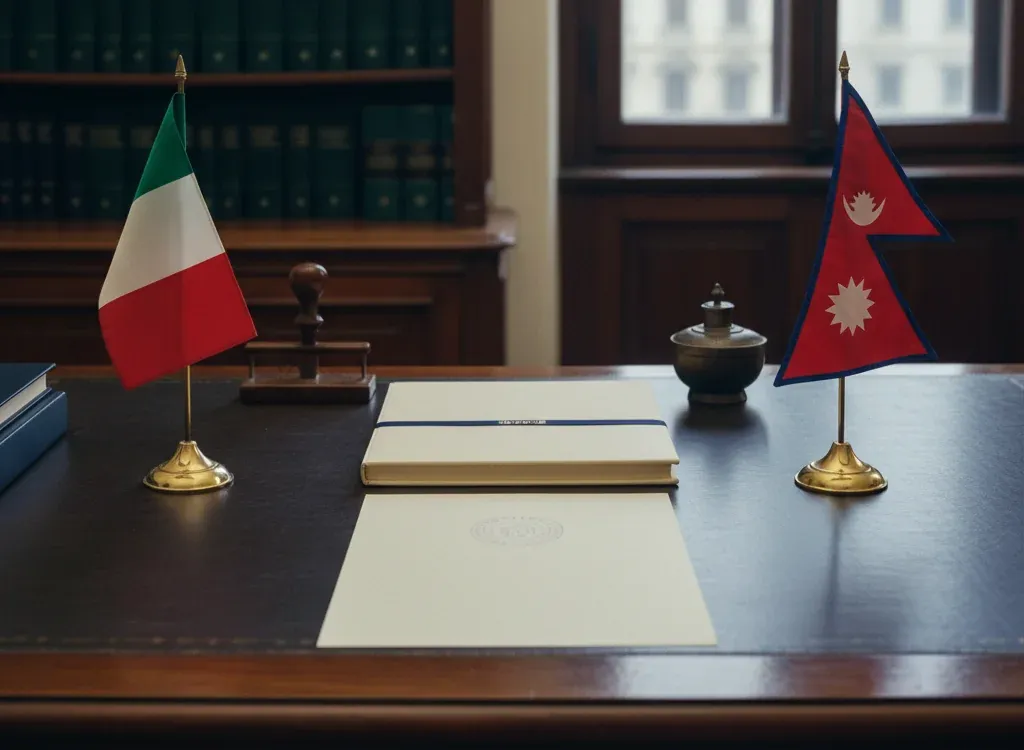 Codice fiscale italiano per cittadini nati in Nepal — scena d'archivio istituzionale con bandiere Nepal e Italia, codice catastale Z234