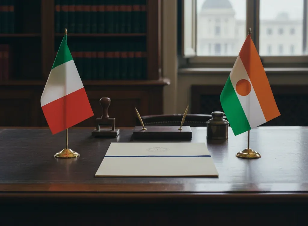 Codice fiscale italiano per cittadini nati in Niger — scena d'archivio istituzionale con bandiere Niger e Italia, codice catastale Z334