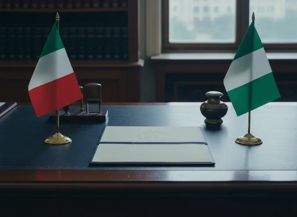 Codice fiscale italiano per cittadini nati in Nigeria — scena d'archivio istituzionale con bandiere Nigeria e Italia, codice catastale Z335