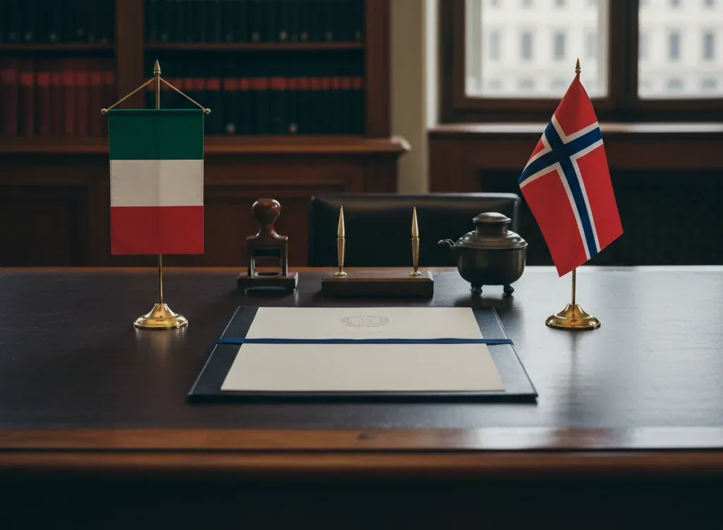 Codice fiscale italiano per cittadini nati in Norvegia — scena d'archivio istituzionale con bandiere Norvegia e Italia, codice catastale Z125