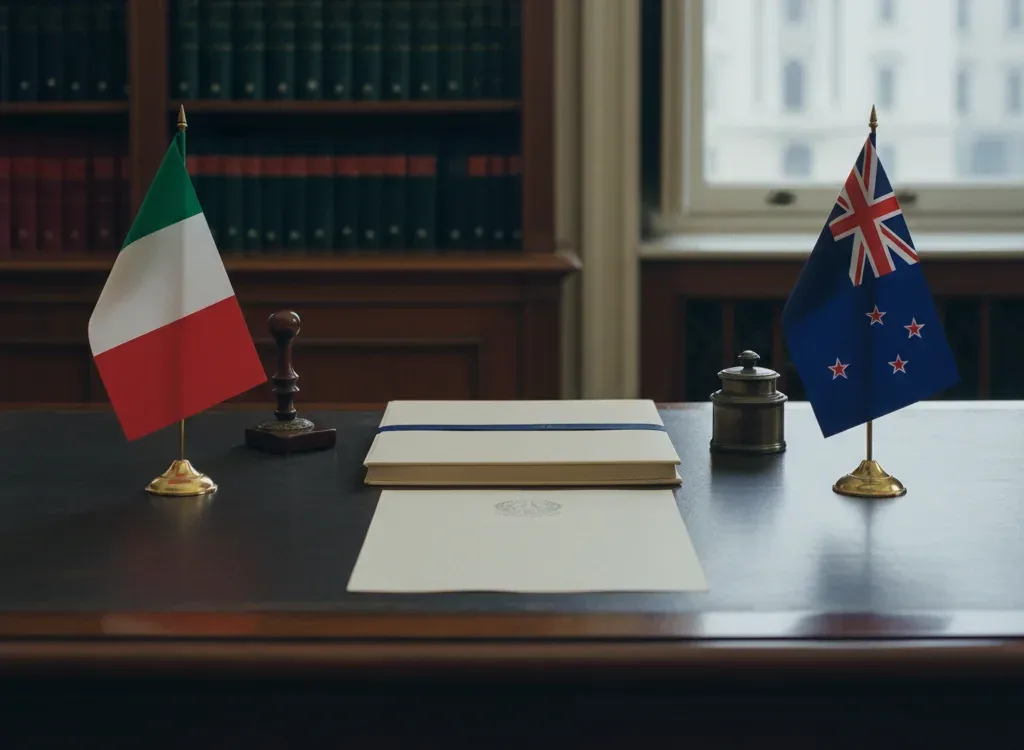 Codice fiscale italiano per cittadini nati in Nuova Zelanda — scena d'archivio istituzionale con bandiere Nuova Zelanda e Italia, codice catastale Z719