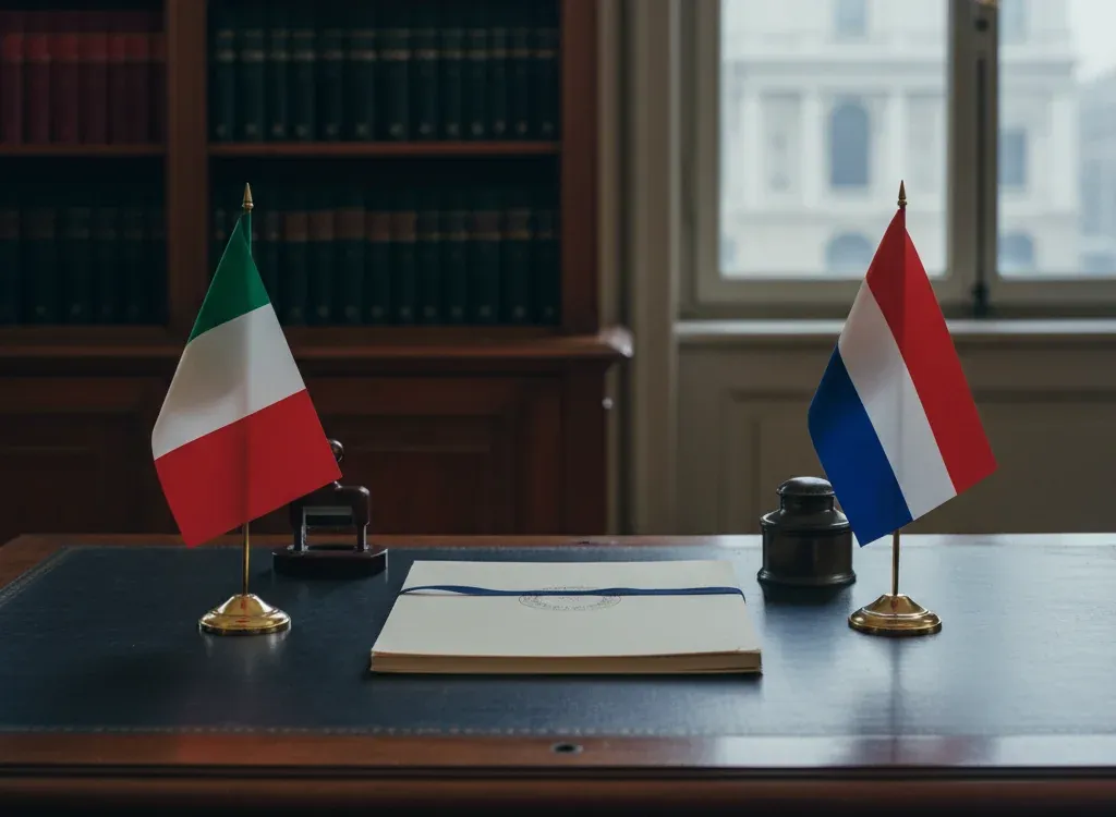 Codice fiscale italiano per cittadini nati nei Paesi Bassi — scena d'archivio istituzionale con bandiere Paesi Bassi e Italia, codice catastale Z126