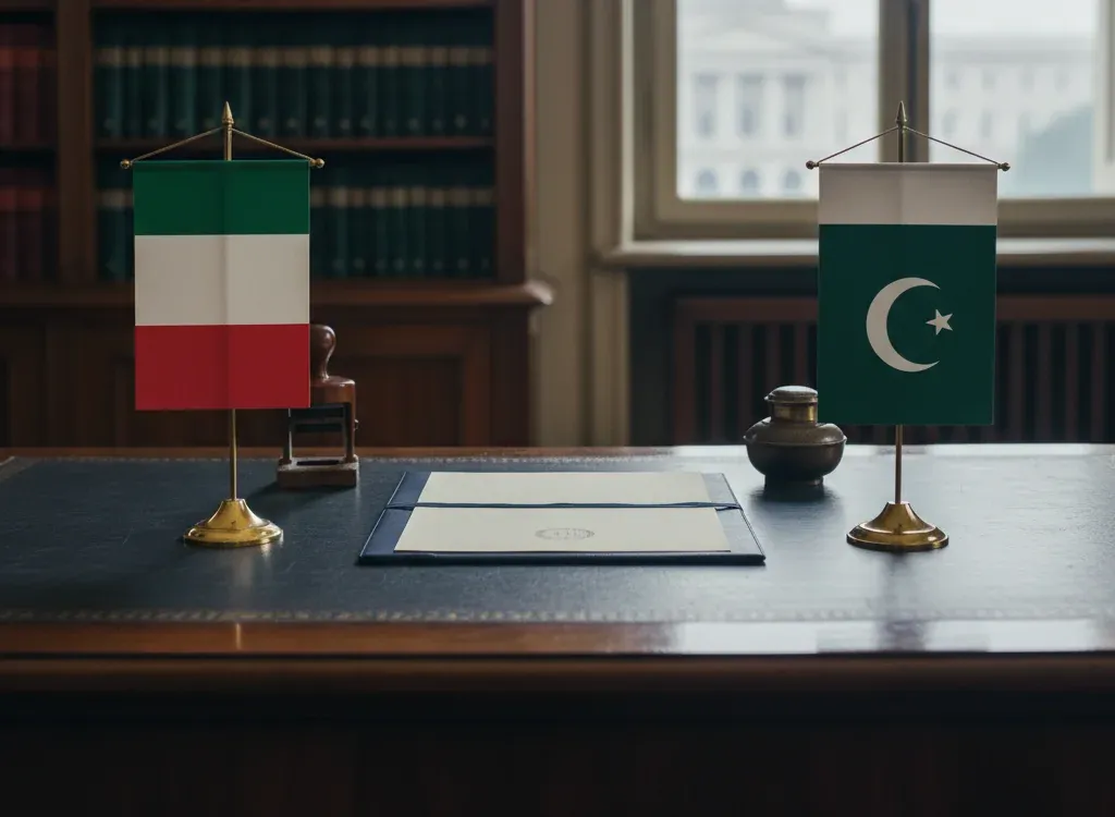 Codice fiscale italiano per cittadini nati in Pakistan — scena d'archivio istituzionale con bandiere Pakistan e Italia, codice catastale Z236