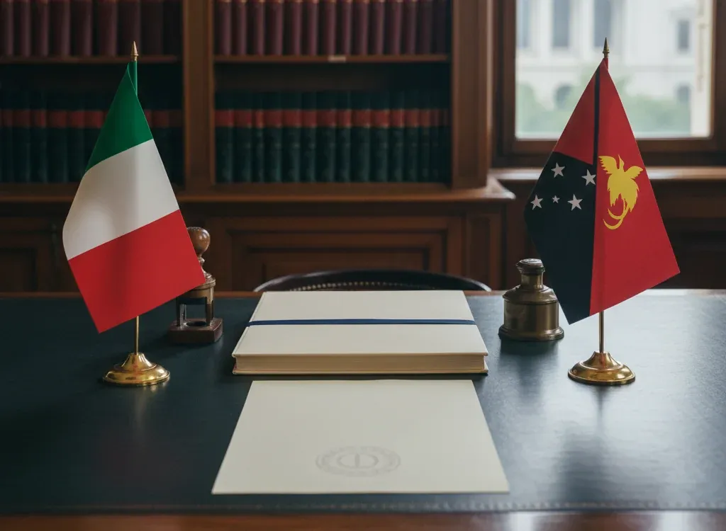 Codice fiscale italiano per cittadini nati in Papua Nuova Guinea — scena d'archivio istituzionale con bandiere Papua Nuova Guinea e Italia, codice catastale Z730
