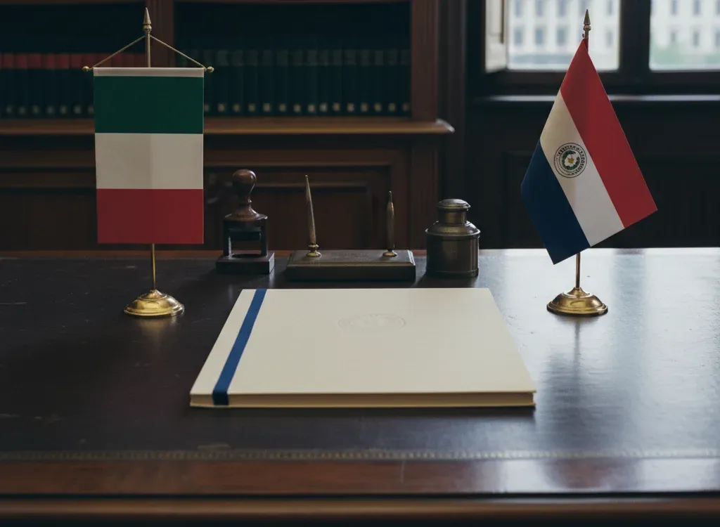 Codice fiscale italiano per cittadini nati in Paraguay — scena d'archivio istituzionale con bandiere Paraguay e Italia, codice catastale Z610