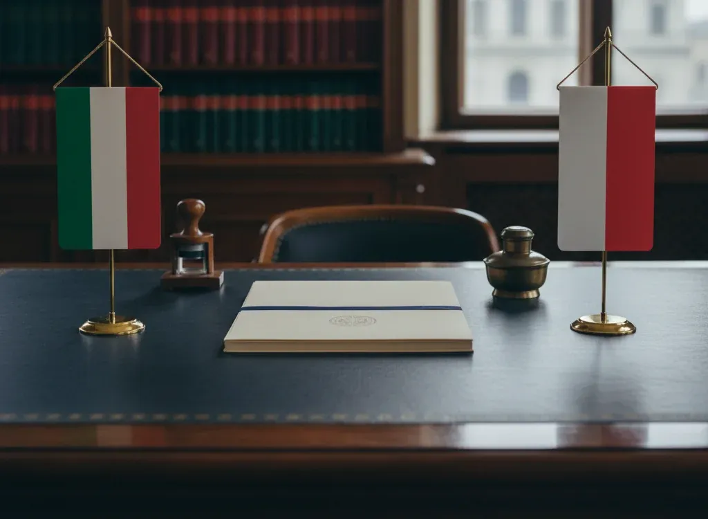 Codice fiscale italiano per cittadini nati in Polonia — scena d'archivio istituzionale con bandiere Polonia e Italia, codice catastale Z127