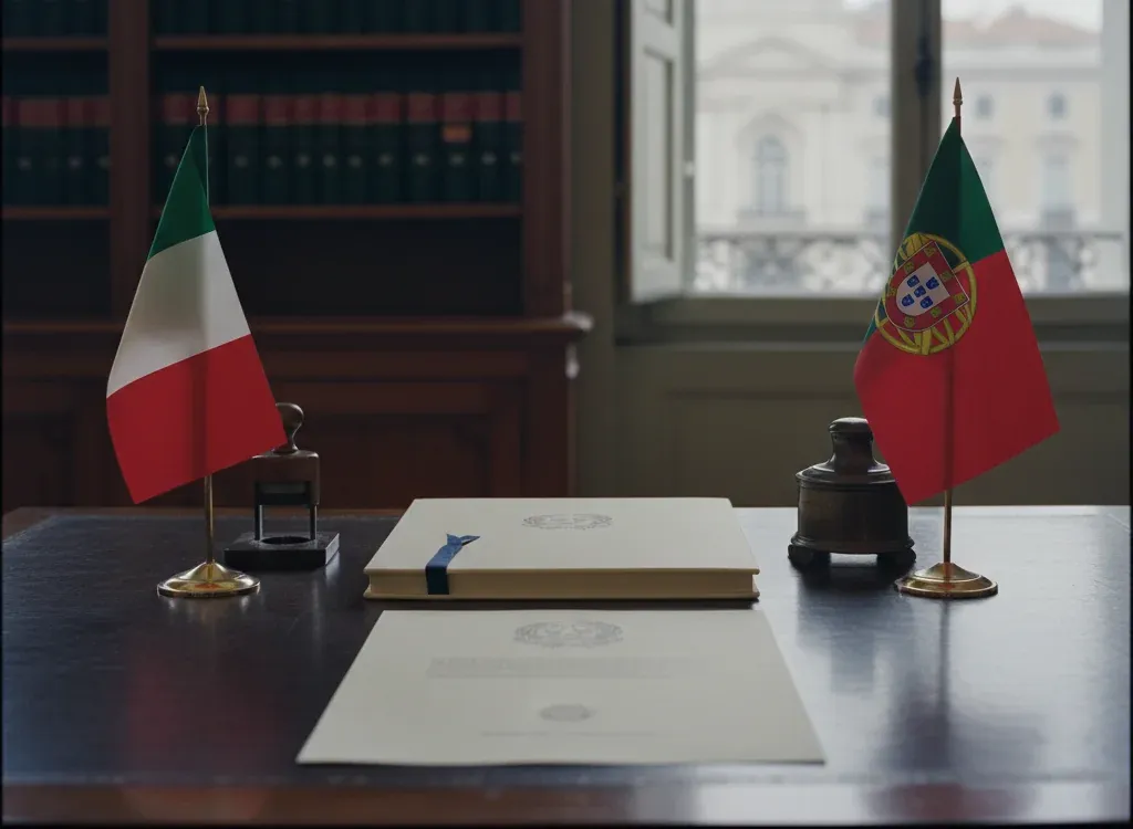 Codice fiscale italiano per cittadini nati in Portogallo — scena d'archivio istituzionale con bandiere Portogallo e Italia, codice catastale Z128
