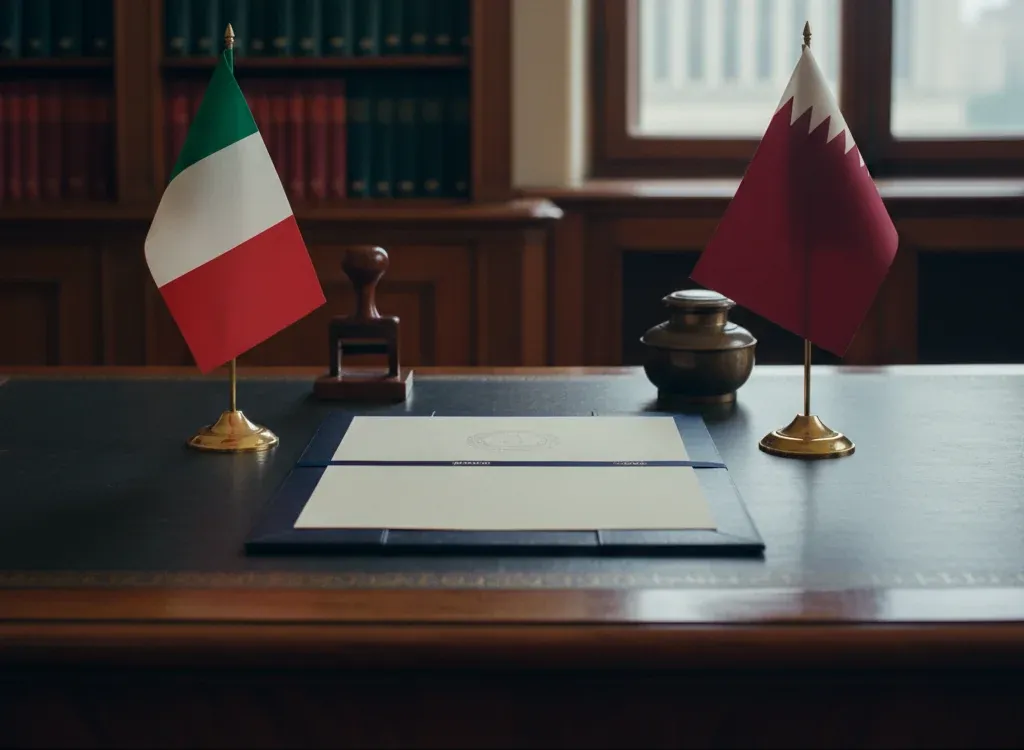 Codice fiscale italiano per cittadini nati in Qatar — scena d'archivio istituzionale con bandiere Qatar e Italia, codice catastale Z237