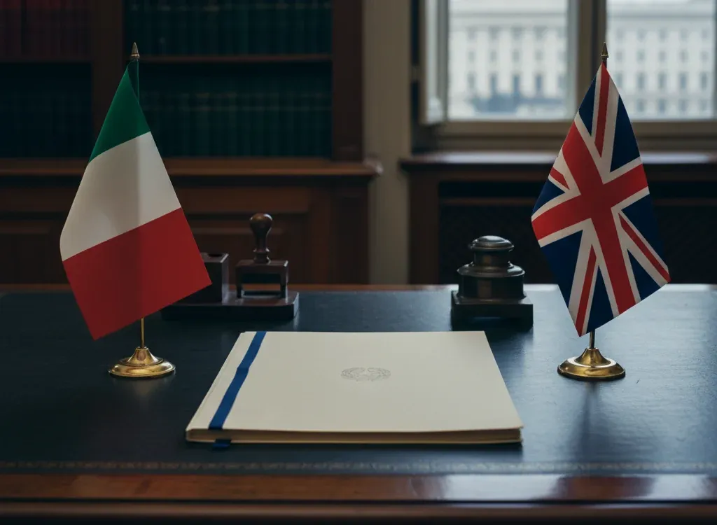 Codice fiscale italiano per cittadini nati nel Regno Unito — scena d'archivio istituzionale con bandiere Regno Unito e Italia, codice catastale Z114