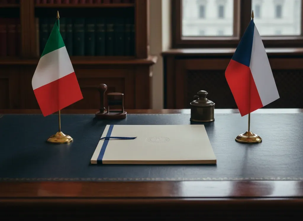 Codice fiscale italiano per cittadini nati nella Repubblica Ceca — scena d'archivio istituzionale con bandiere Repubblica Ceca e Italia, codice catastale Z156