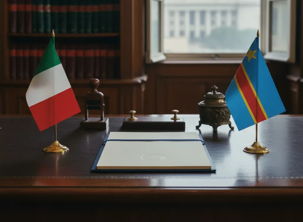 Codice fiscale italiano per cittadini nati nella Rep. Dem. del Congo — scena d'archivio istituzionale con bandiere Rep. Dem. del Congo e Italia, codice catastale Z312
