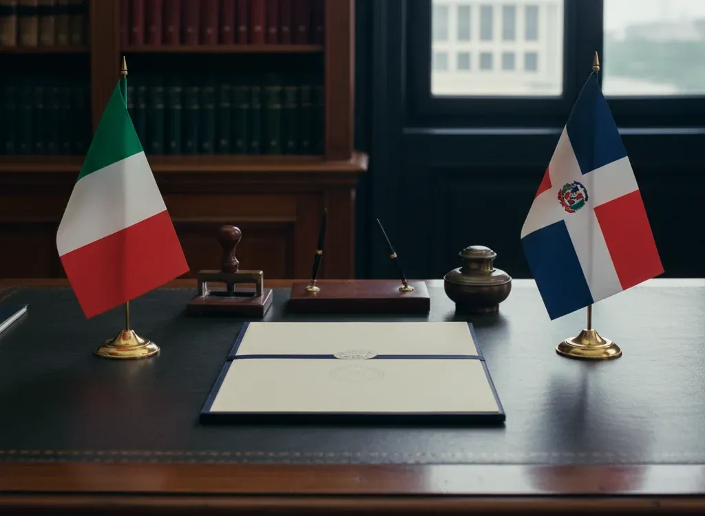 Codice fiscale italiano per cittadini nati nella Repubblica Dominicana — scena d'archivio istituzionale con bandiere Repubblica Dominicana e Italia, codice catastale Z505