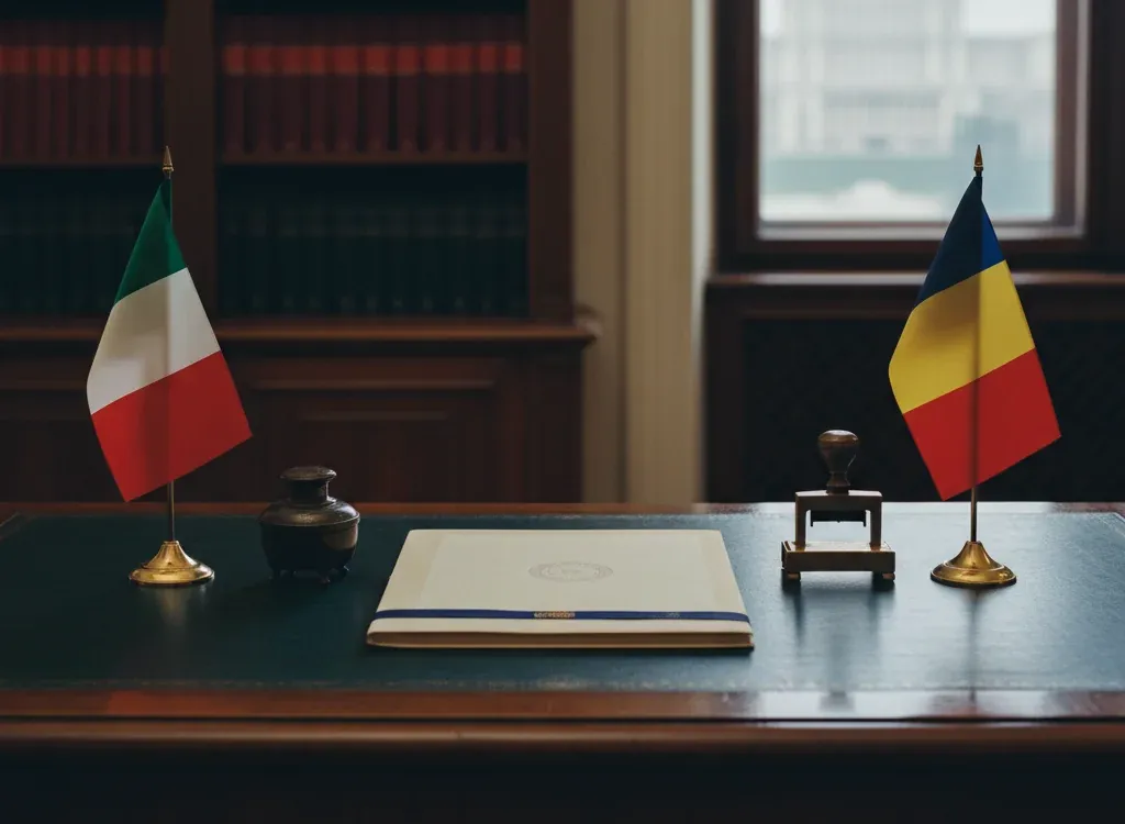 Codice fiscale italiano per cittadini nati in Romania — scena d'archivio istituzionale con bandiere Romania e Italia, codice catastale Z129