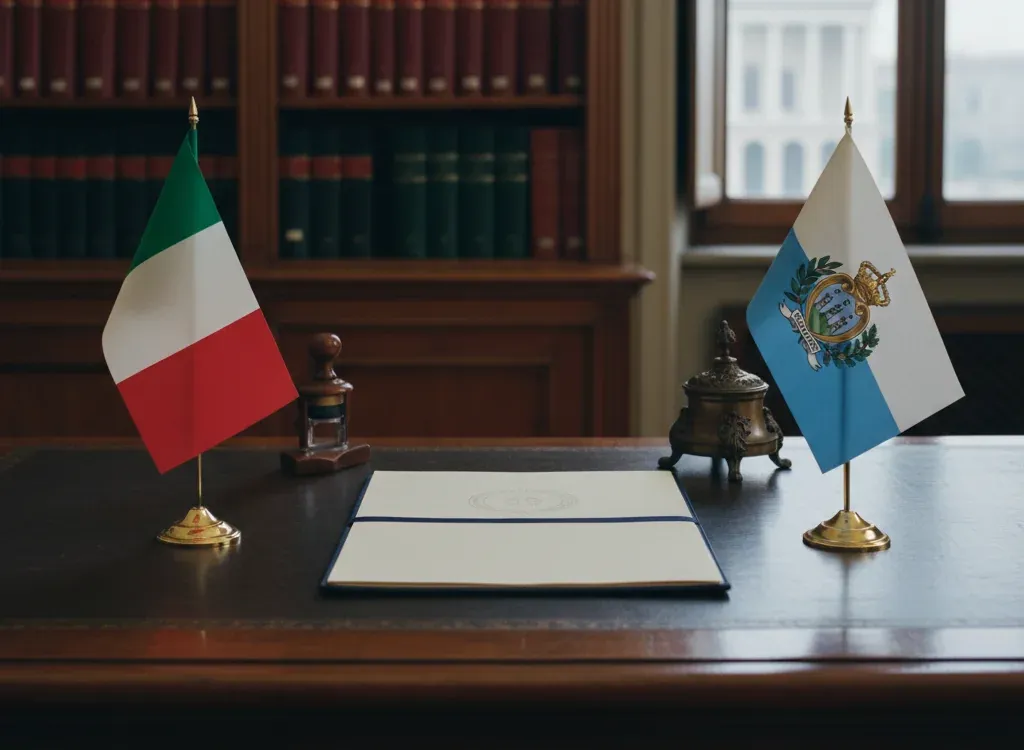 Codice fiscale italiano per cittadini nati a San Marino — scena d'archivio istituzionale con bandiere San Marino e Italia, codice catastale Z130