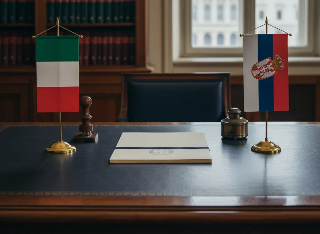 Codice fiscale italiano per cittadini nati in Serbia — scena d'archivio istituzionale con bandiere Serbia e Italia, codice catastale Z158