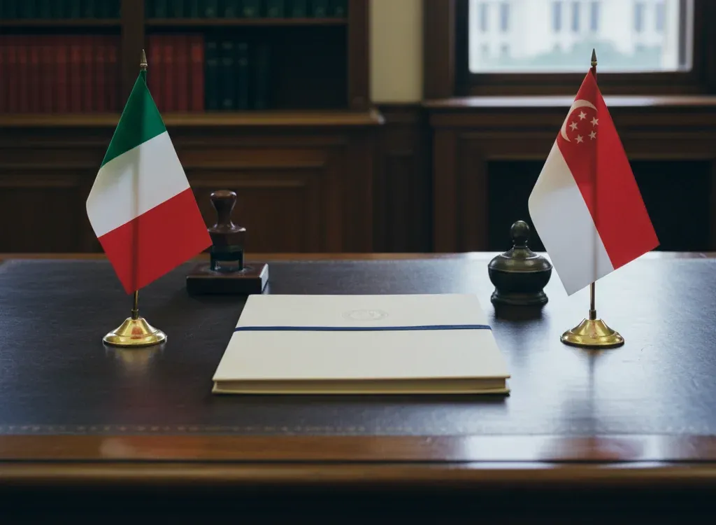 Codice fiscale italiano per cittadini nati a Singapore — scena d'archivio istituzionale con bandiere Singapore e Italia, codice catastale Z248