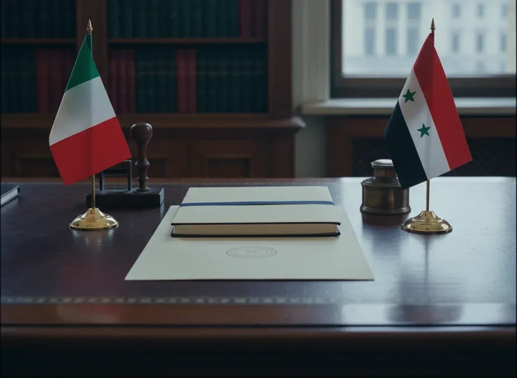 Codice fiscale italiano per cittadini nati in Siria — scena d'archivio istituzionale con bandiere Siria e Italia, codice catastale Z240