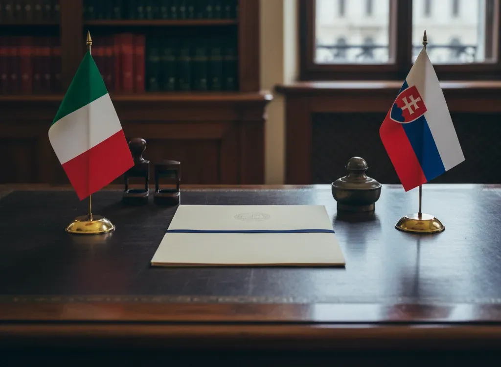 Codice fiscale italiano per cittadini nati in Slovacchia — scena d'archivio istituzionale con bandiere Slovacchia e Italia, codice catastale Z155