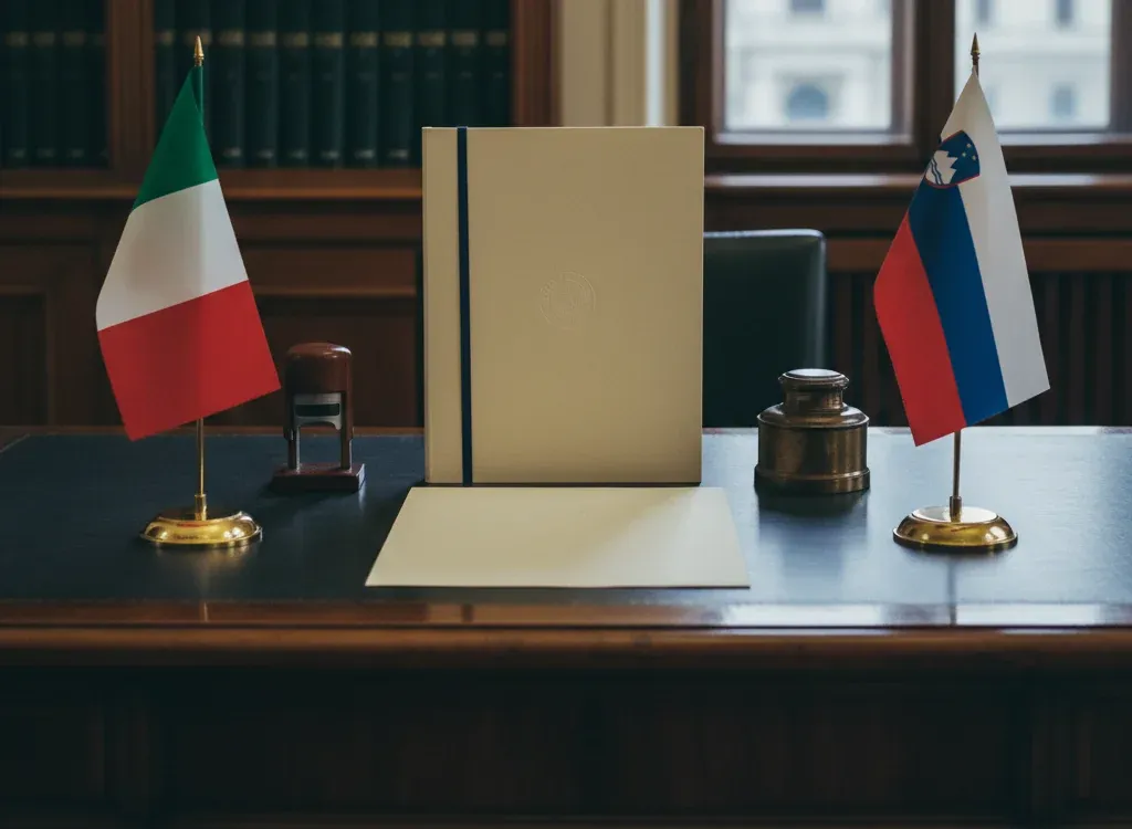 Codice fiscale italiano per cittadini nati in Slovenia — scena d'archivio istituzionale con bandiere Slovenia e Italia, codice catastale Z150