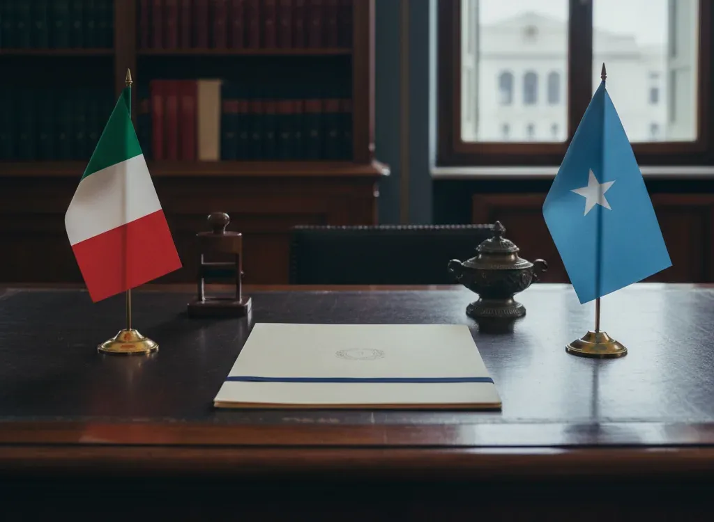 Codice fiscale italiano per cittadini nati in Somalia — scena d'archivio istituzionale con bandiere Somalia e Italia, codice catastale Z345