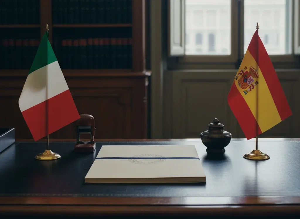 Codice fiscale italiano per cittadini nati in Spagna — scena d'archivio istituzionale con bandiere Spagna e Italia, codice catastale Z131