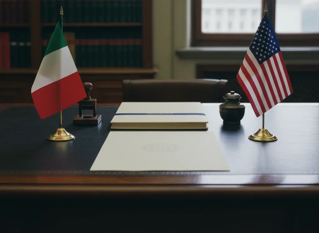 Codice fiscale italiano per cittadini nati negli Stati Uniti — scena d'archivio istituzionale con bandiere Stati Uniti e Italia, codice catastale Z404