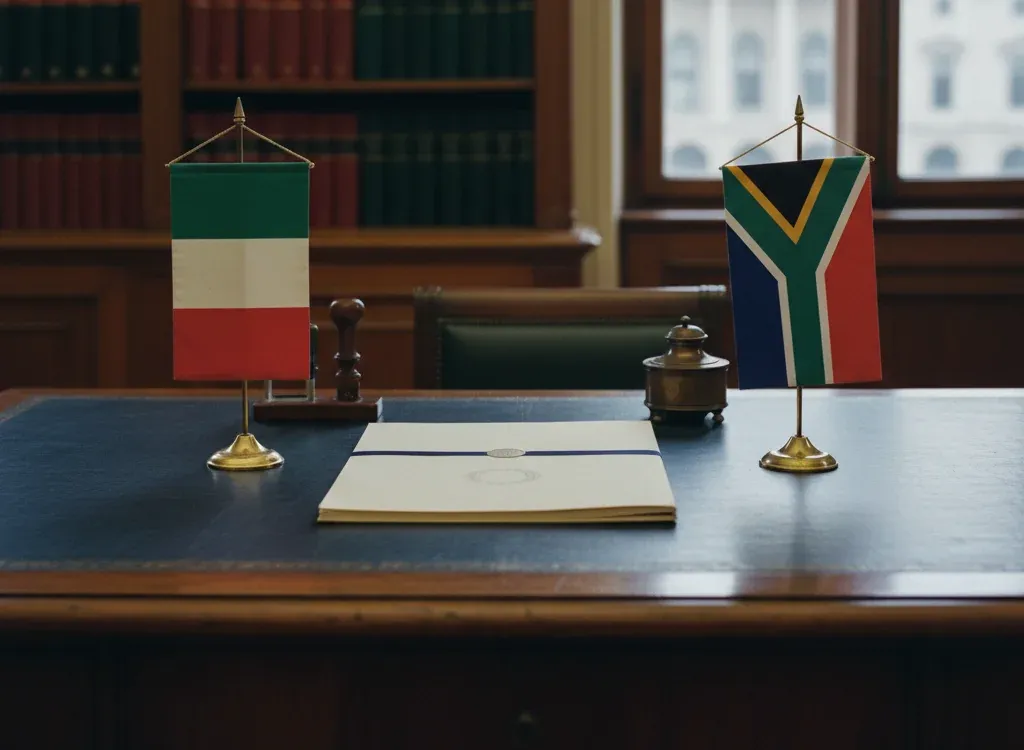 Codice fiscale italiano per cittadini nati in Sudafrica — scena d'archivio istituzionale con bandiere Sudafrica e Italia, codice catastale Z347