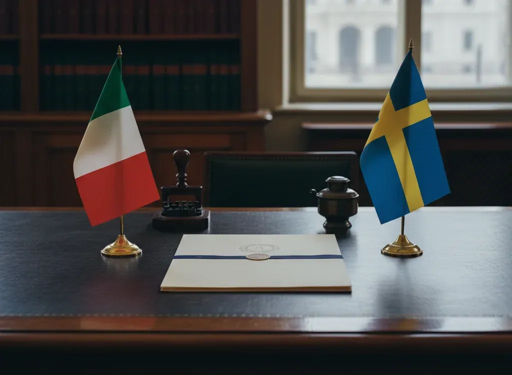 Codice fiscale italiano per cittadini nati in Svezia — scena d'archivio istituzionale con bandiere Svezia e Italia, codice catastale Z132