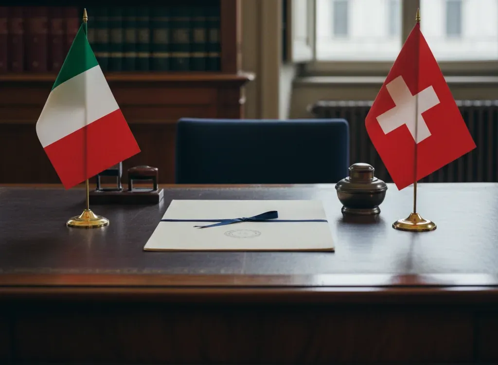 Codice fiscale italiano per cittadini nati in Svizzera — scena d'archivio istituzionale con bandiere Svizzera e Italia, codice catastale Z133