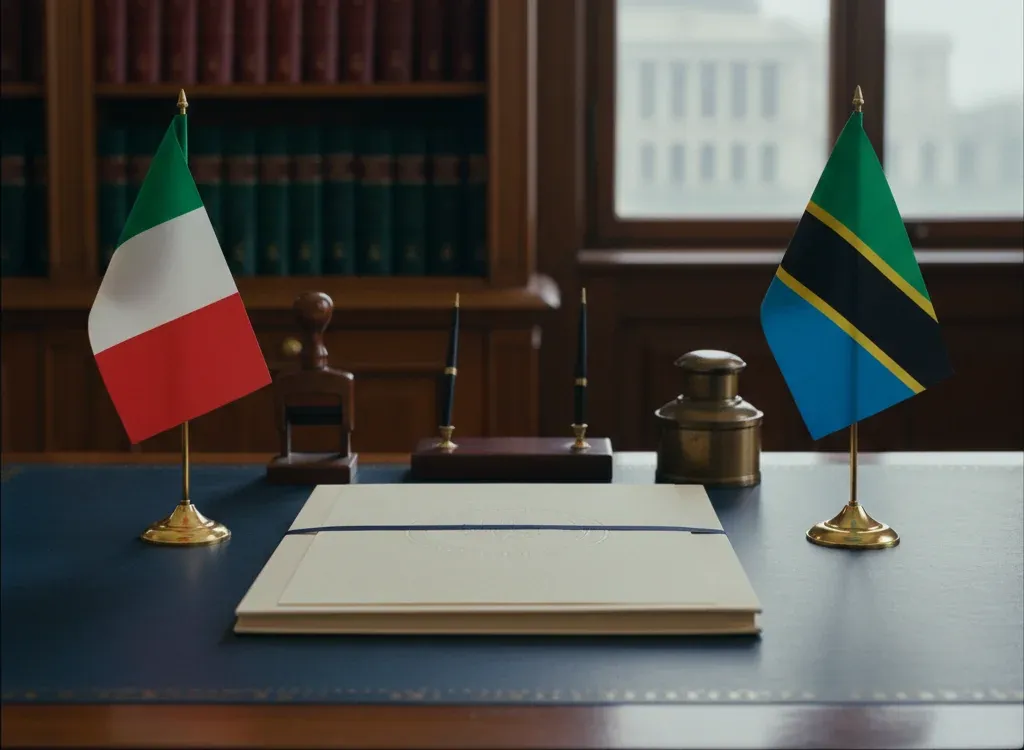 Codice fiscale italiano per cittadini nati in Tanzania — scena d'archivio istituzionale con bandiere Tanzania e Italia, codice catastale Z357
