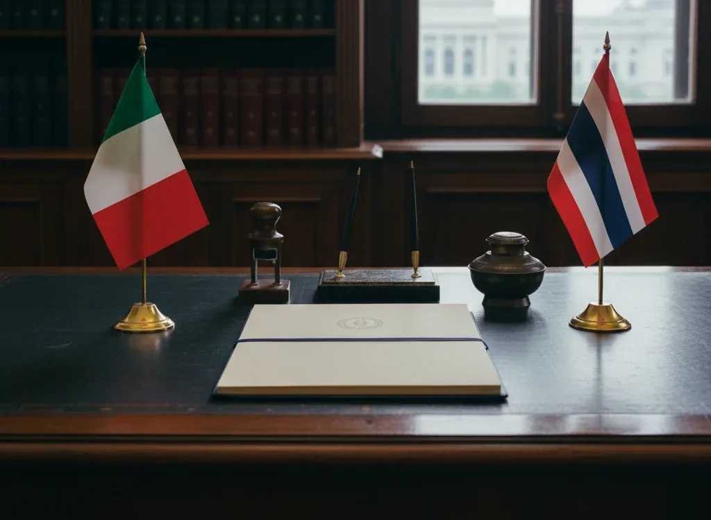 Codice fiscale italiano per cittadini nati in Thailandia — scena d'archivio istituzionale con bandiere Thailandia e Italia, codice catastale Z241