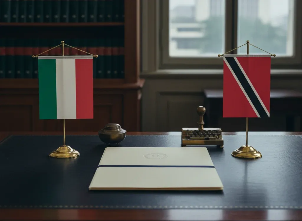 Codice fiscale italiano per cittadini nati a Trinidad e Tobago — scena d'archivio istituzionale con bandiere Trinidad e Tobago e Italia, codice catastale Z612