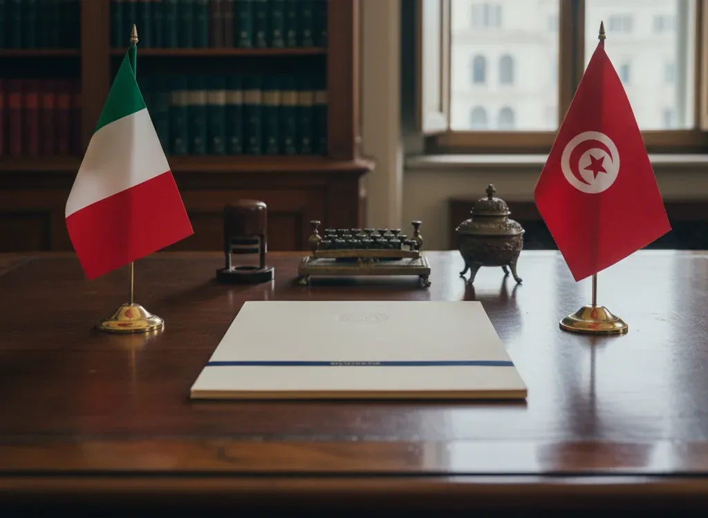 Codice fiscale italiano per cittadini nati in Tunisia — scena d'archivio istituzionale con bandiere Tunisia e Italia, codice catastale Z352