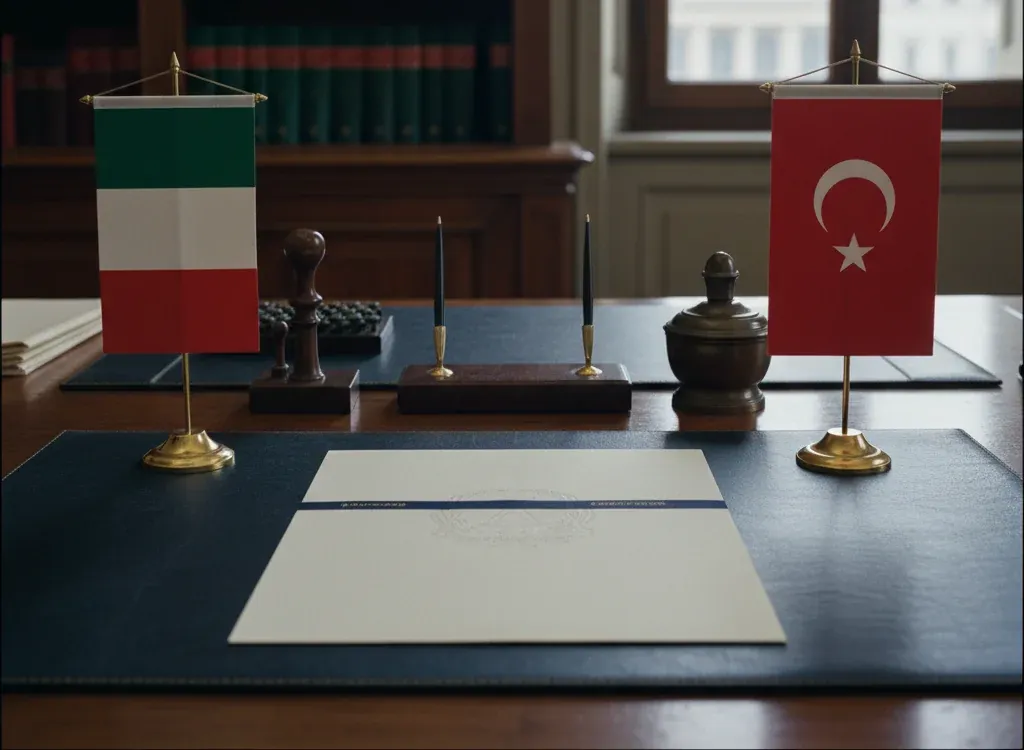 Codice fiscale italiano per cittadini nati in Turchia — scena d'archivio istituzionale con bandiere Turchia e Italia, codice catastale Z243