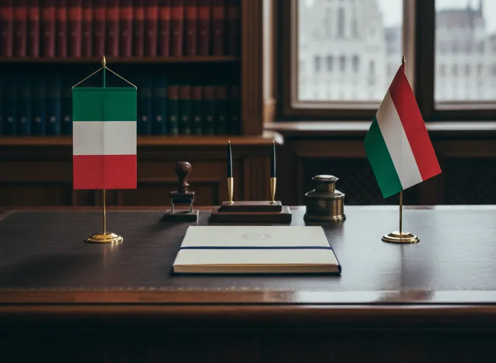 Codice fiscale italiano per cittadini nati in Ungheria — scena d'archivio istituzionale con bandiere Ungheria e Italia, codice catastale Z134